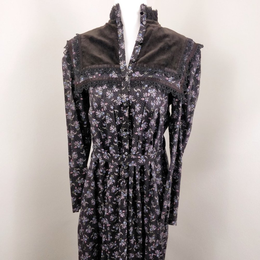 Gunne Sax Black Calico Floral Velvet Button Dress Gunnie RARE Dark moody - Picture 4 of 16